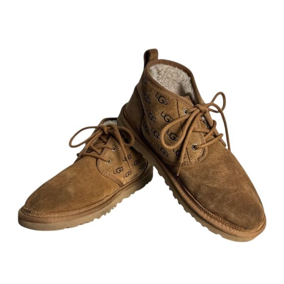 UGG Neumel Embossed All Over Logo Chukka Boots Chestnut Brown Suede MENS Size 10 - Picture 2 of 12